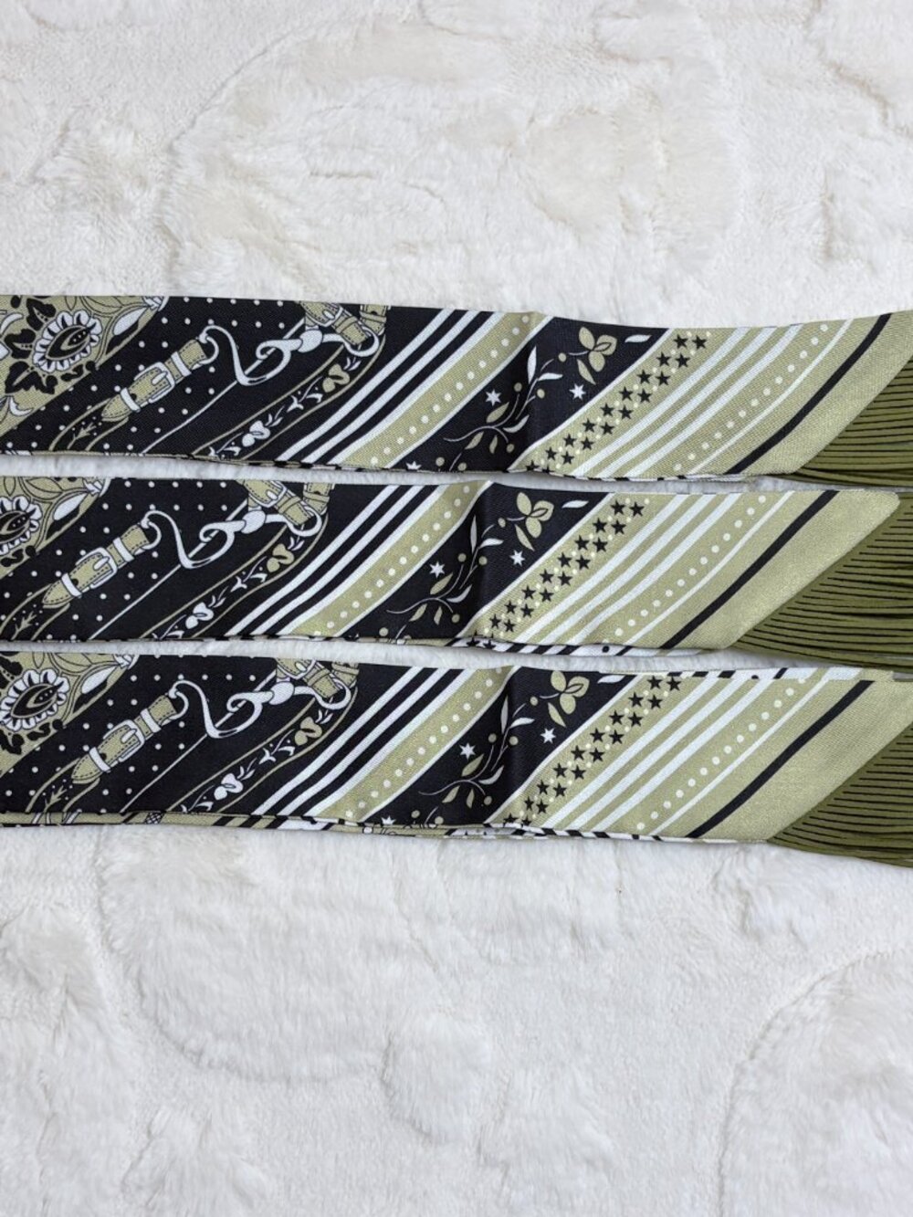 Olive Green Horse Print Fringe Handbag Wrap Twilly Scarf Purse Accessory - Picture 4 of 5